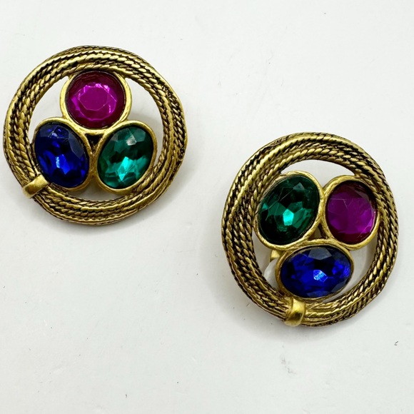 Vintage large mogul style gem toned rhinestone round clip on earrings retro - Picture 1 of 5